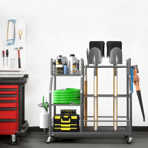 Large Garden Tool Organizer Stand - Heavy-Duty Metal Storage Rack with Wheels