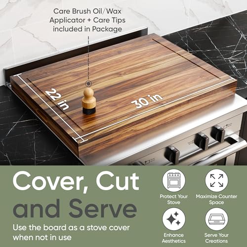 Acacia Wood Noodle Board Stove Cover with Handle - Multiuse Gas Stove Top Cover & Serving Board, 30x22 Inches