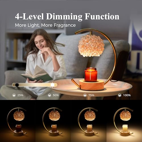 Yeuslor Gold Candle Warmer Lamp with Adjustable Brightness & Timer, Handcrafted Crystal & Wooden Base, C-Shaped Home Decor