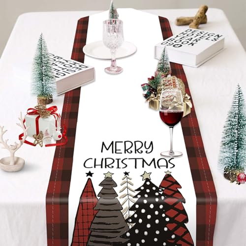 Niviy 13 x 72 Inch Christmas Table Runner Burlap Linen with Buffalo Plaid Trees