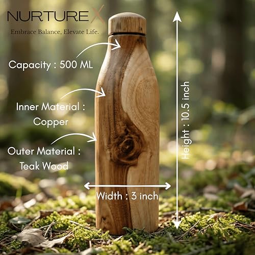 Teakwood Insulated Copper Water Bottle - 17 Oz / 500 ml, Natural Wooden Finish