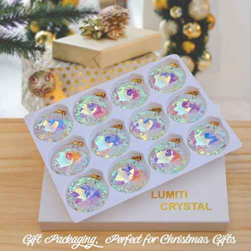 12 Pcs Crystal Glass Christmas Balls Ornaments, 1.18¡È Mini Round Prism Flower Xmas Tree Decorations, Hanging Ornament for Wedding Party Home Decor (Crystal AB)
