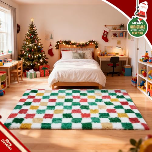 Boshengya Christmas Checkered Rug 6x9 ft Red & Yellow Holiday Fuzzy Carpet