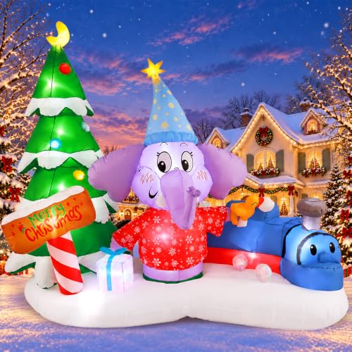 GIFTFIND 7.9 FT Christmas Elephant Train Inflatable Outdoor Decor with LEDs - Elephant Train Variant