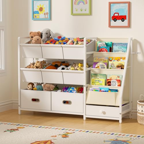 Kids Toy Storage Organizer with 9 Bins - Montessori Toddler Bookshelf & Playroom Storage