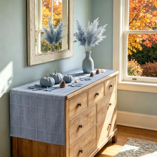 Yuboo Dusty Blue Checked Table Runner 13x72 Inch Fall Linen Blend Decor