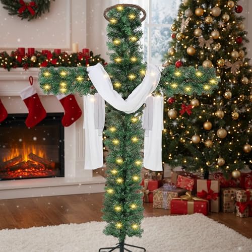 Classic 5ft Lighted Christmas Cross Tree with Crown & Scarf - Faith Decor