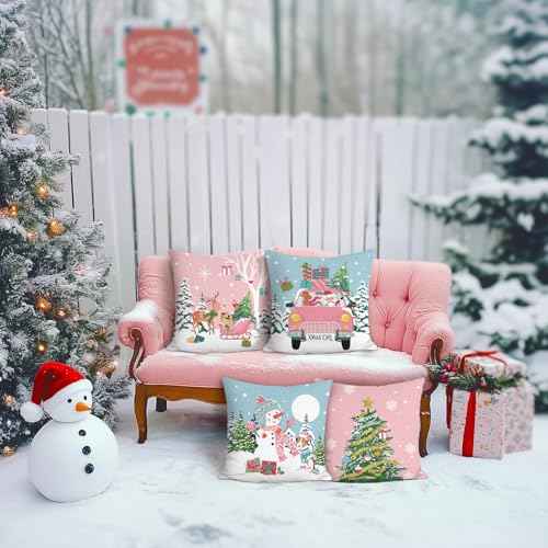 Bonhause Blue Pink Christmas Throw Pillow Covers 18 x 18 Inch Reindeer Snowman Xmas Trees Santa Snow Decorative Pillow Cases for Couch Bed Home Winter Holiday Decor Set of 4
