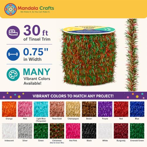 Christmas Tinsel Garland - Festive Red & Green Metallic Decor, 30ft, Indoor & Outdoor Use