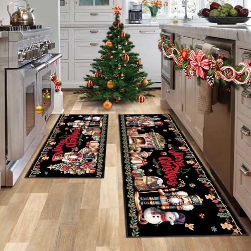 UIHGUHO 2-Piece Christmas Nutcracker Kitchen Rug Set Black 1.5x3.9 ft