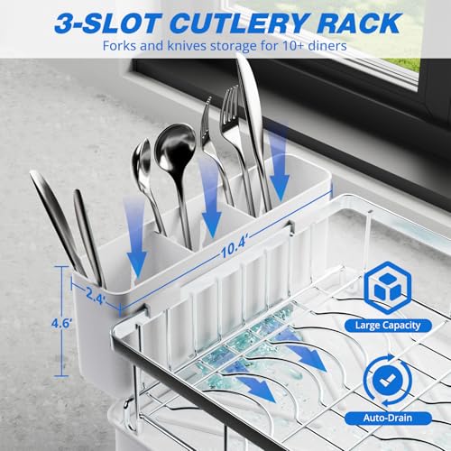 Godboat Silver 2-Tier Stainless Steel Dish Drying Rack with Auto Drain System