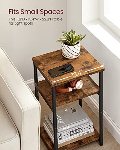 VASAGLE Rustic Brown & Ink Black Small End Table with 3 Tiers - Modern Steel Frame Nightstand