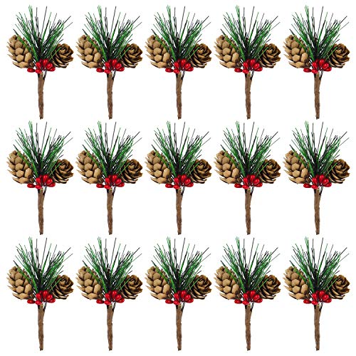 CHRORINE 15 Pcs Artificial Pine Cone Picks and Red Berry Mini Artificial Pine Tree for Christmas Party Flower Wreaths and Holiday Decorations