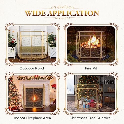 POWLAB Gold 3-Panel Fireplace Screen with Double Doors - 50" x 32"