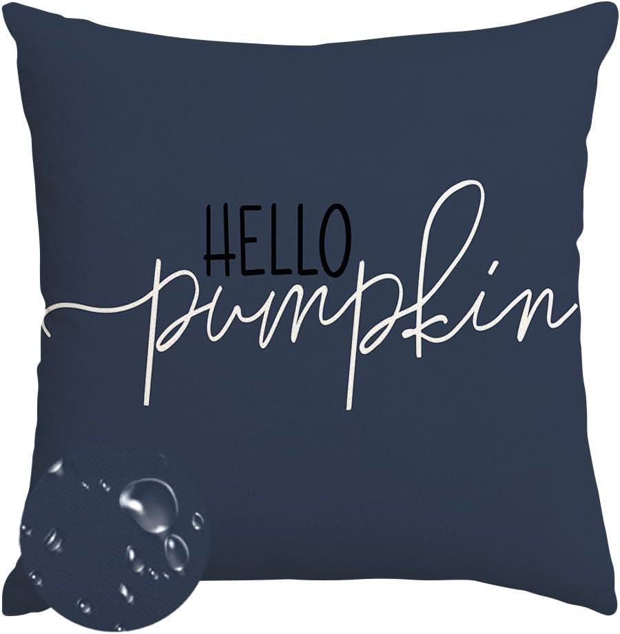 RABUSOFA Fall Pillow Covers - 18x18 Inch Dark Blue Harvest Design | Autumn Hello Pumpkin Decor
