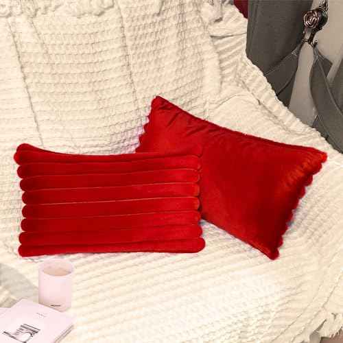 2 Pack 12x20 Pillow Cover Velvet Pillow Covers, Faux Fur Oblong Throw Pillow Covers for Living Room Decorations Throw Pillow Case, Throw Pillow Cover Cushion Cover for Home Sofa Bedroom Car, Red