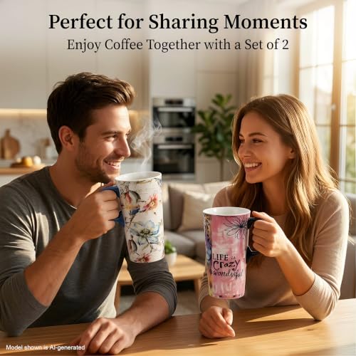 Topadorn 2 Pack Ceramic Travel Mug Set, 17oz Floral Cup, Gift for