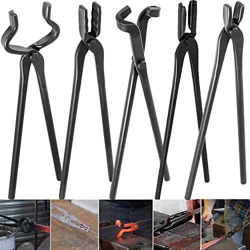 Blacksmith Tongs Tools Set - 5-Piece Forging Tongs for Knife Making & Heavy Duty Use - Flat, Square, Bolt, Blade, Wolf Jaw