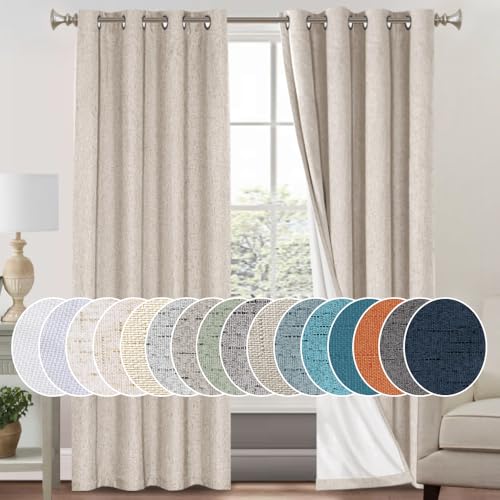 PrinceDeco Natural Linen Blackout Curtains Pack of 2, 52"W x 84"L, Light Blocking for Bedroom & Living Room, White Backing