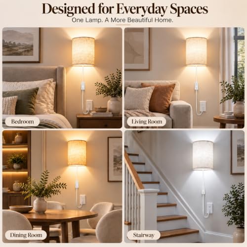 Beige Plug-in Wall Sconces Set of 2 with On/Off Switch & Adjustable Color Temperature