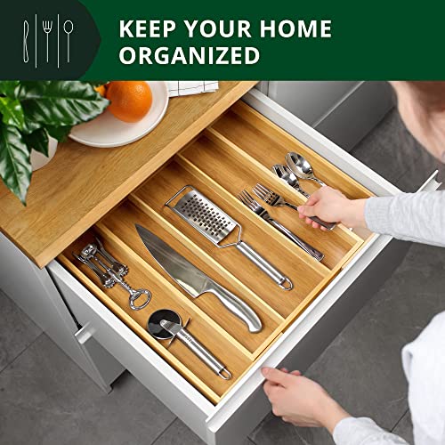 Natural Bamboo Kitchen Drawer Organizer - 5 Slot Silverware & Utensil Tray, Expandable, Durable