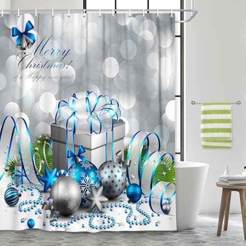 DYNH Holiday Shower Curtain, Happy Merry Christmas Silver and Blue Xmas Ball and Box for New Year Bath Curtains, Fabric Shower Curtain Bathroom Accessories 12PCS Hooks 69X70IN