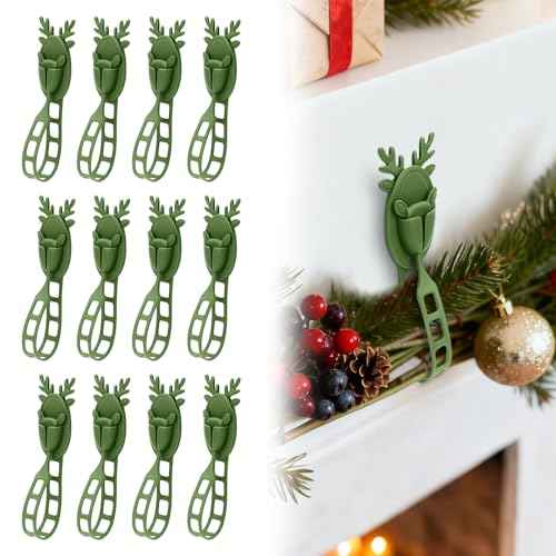 12 PCS Christmas Garland Hangers with Locking Buckle, Reindeer Design Adhesive Hooks for Stair Railing Fireplace Mantle Door, Reusable Silicone Stocking & Ornament Holders, Green (Deer, 12)