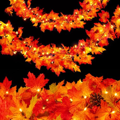 9FT Fall Garland with Lights - Connectable Outdoor Indoor Halloween Thanksgiving Decor - 2 Packs