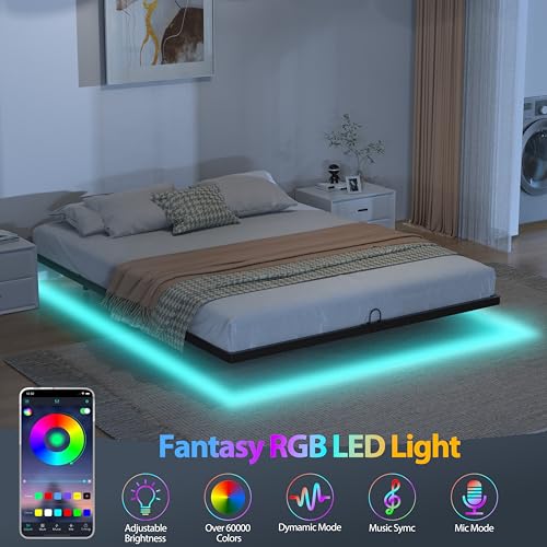 Floating Bed Frame with Smart LED Lights Queen - Modern Metal Platform Bed No Box Spring Needed