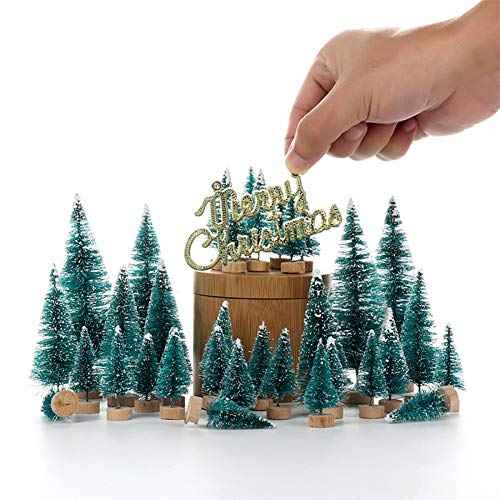 Orgrimmar 24 PCS Artificial Mini Christmas Trees Snow Frost Ornaments Bottle Brush Trees with Wooden Bases for Christmas Home Party Decoration, 6 Sizes