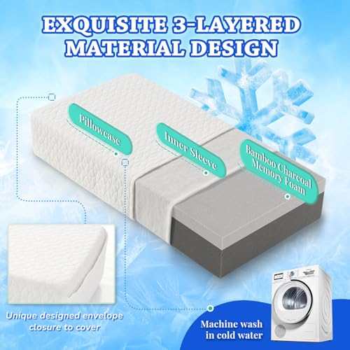 Cooling Memory Foam Pillow for Side Sleepers - White Ice, 24x12x5, Support Neck & Head - Reversible Comfort