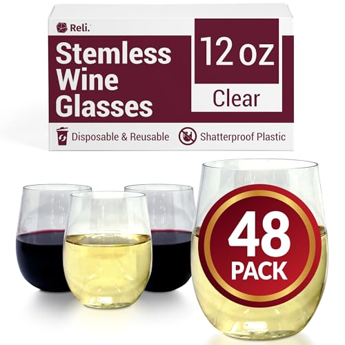 Reli. Disposable 12oz Clear Wine Glasses - 48 Pack, Shatterproof & BPA-Free