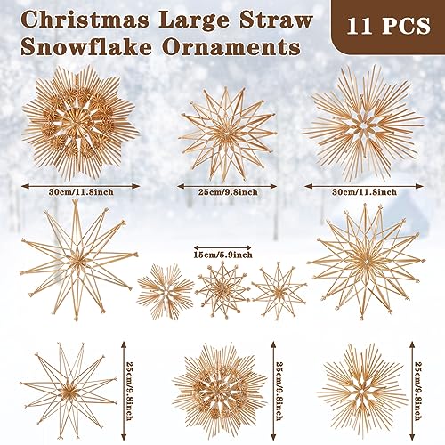 Gerrii 11 Pcs Straw Snowflake Ornaments Christmas Tree Set with LED Lights