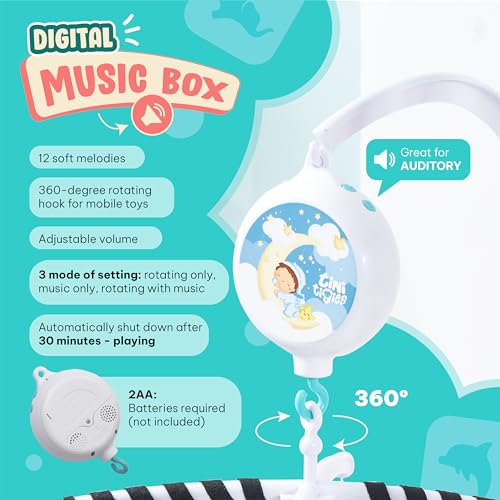 Black and White Montessori Baby Mobile for Crib - Visual Stimulation & Soothing Lullabies