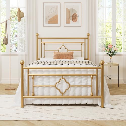 Allewie Twin Size Gold Metal Platform Bed Frame with Victorian Headboard