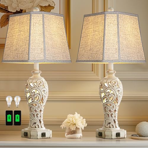 Reyokale Wash White Rustic Table Lamp Set with USB Ports & Nightlight - Farmhouse Vintage End Table Lamps for Living Room & Bedroom