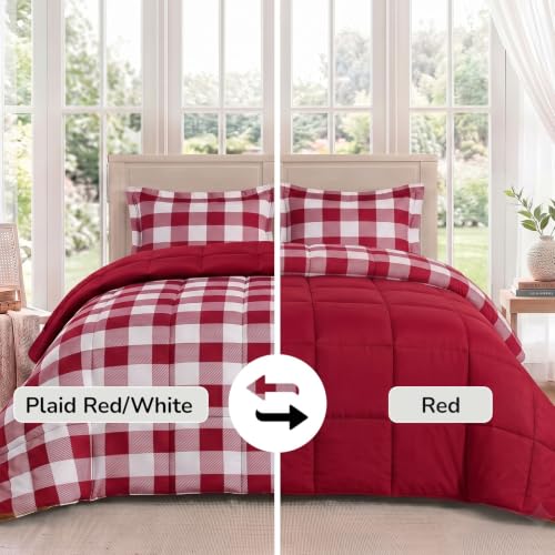 Downluxe Queen Reversible Plaid Comforter Set 3 Pieces - Red & White