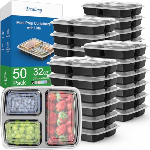 Dealusy 50 Pack 32 oz Reusable Meal Prep Containers with Lids - Black, 3-Compartment