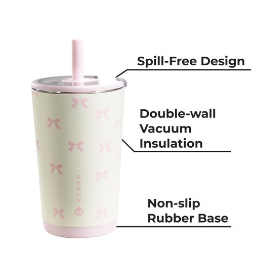 HydroJug Everyday Tumbler 14 oz – Ceramic-Lined Insulated Tumbler with Straw and Soft-Touch Lid, Cup Holder Friendly, Double-Wall Vacuum Insulation, Reusable Travel Cup – Bows