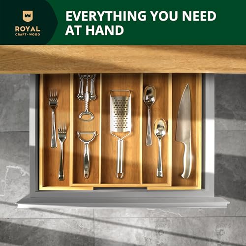 Natural Bamboo Kitchen Drawer Organizer - 5 Slot Silverware & Utensil Tray, Expandable, Durable
