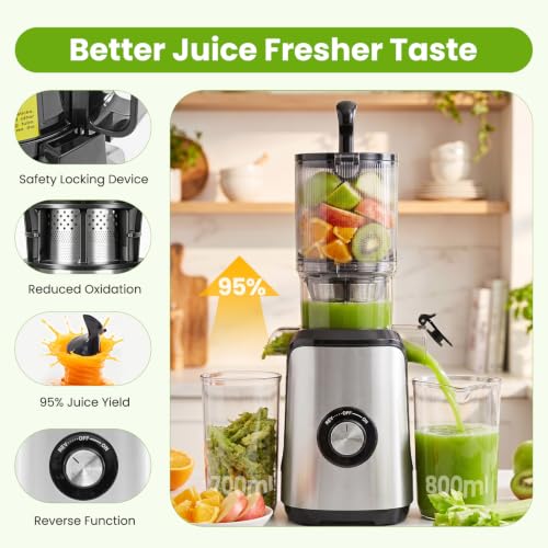 Slow Masticating Juicer with Reverse Function - Silver, 4.25-Inch Feed Chute