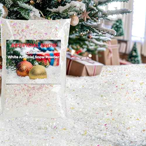 Sukh Fake Snow for Crafts - 7 Oz Artificial Snow for Holiday Decor Instant Snow White Party Decorations for Christmas Village Display Clear Glitter Snowflakes Plastic Snow Powder Colorful