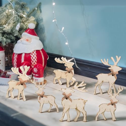 6-Piece Christmas Wooden Reindeer Centerpieces Set with Bowknots – Mantel Tabletop Decor