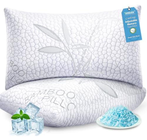 White Bamboo Cooling Shredded Memory Foam Queen Bed Pillows Set of 2 - Adjustable Support