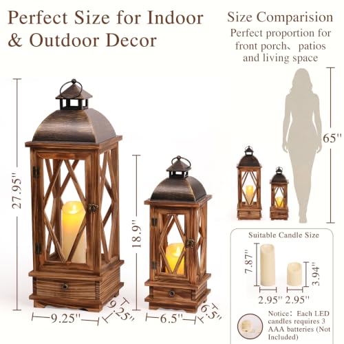 Rustic Wooden Candle Lanterns Set of 2 - Farmhouse Indoor & Outdoor Decor