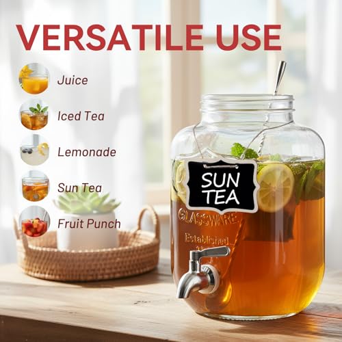 2 Pack Glass Drink Dispensers 1 Gallon with Stainless Steel Spigot & Filter - Leakproof for Parties