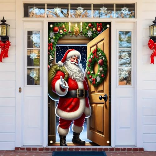 Festive Santa Welcome Christmas Banner 71x35 Inch Holiday Door Backdrop Outdoor Yard Decor