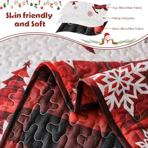Dinjoy Christmas Quilt Set King Size Red Deer Plaid 3-Piece