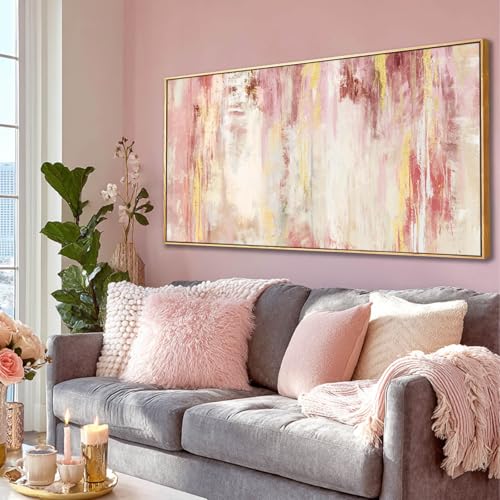Pink Abstract Wall Art Canvas - Framed Oil Painting for Bedroom & Living Room 40L x 20W Inches - Modern Home Decor