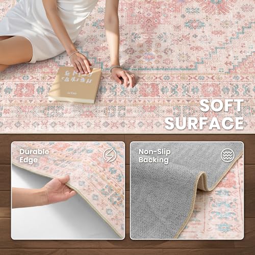 Pink Area Rug 5x7 for Bedroom & Living Room - Non-Slip Geometric Design - Pink/Blue Variation
